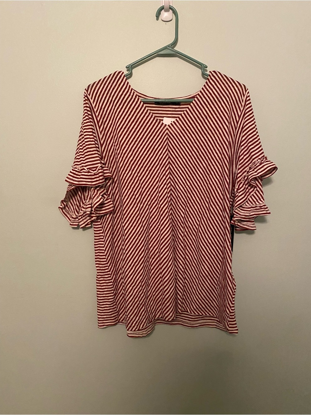 Doe & Rae Red and White Striped Ruffle Sleeve Tunic